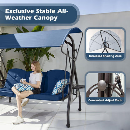 800LBS Patio Swing with Canopy 3 Seat Outdoor Porch Swing with Stand w/Cup Holder & Pillow Glider Chair Swing Bed for Patio Backyard Poolside (Blue)