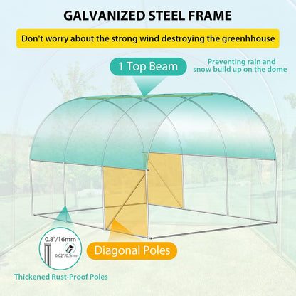 Compact Greenhouse Kit 8'x13'x7' with Galvanized Frame, 140G Green PE Cover, 2 Doors & 6 Windows for Outdoor Gardening