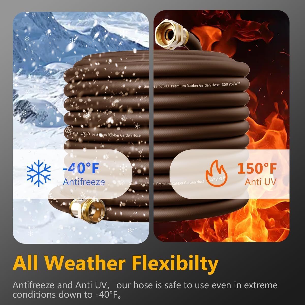 Garden Hose 50FT x 5/8", Heavy Duty Rubber Hose, Water Hose with Five Layered Braiding, Male to Female Fittings, 1000PSI Burst, 300PSI Working (Brown)