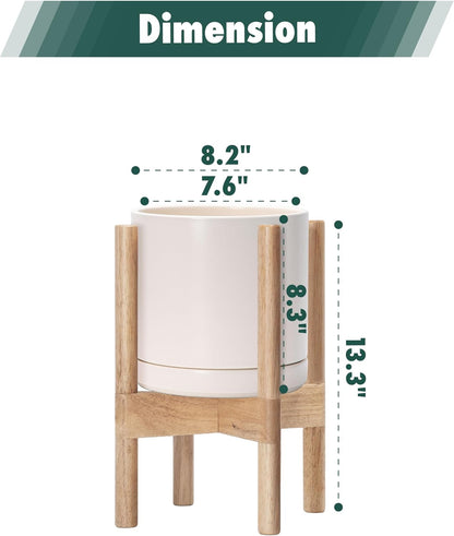 D'vine Dev Ceramic Planter with Natural Stand - 8 Inch Modern Round Flower Pot with Wood Planter Holder, Oatmeal, 55-B-N-8