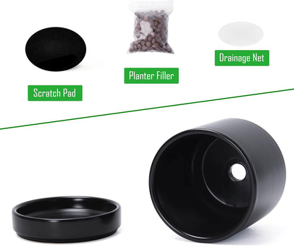 D'vine Dev 4.7 Inch Ceramic Planter Pot with Drainage Hole and Saucer, Indoor Cylinder Round Planter Pot, Black, 94-O-B-2