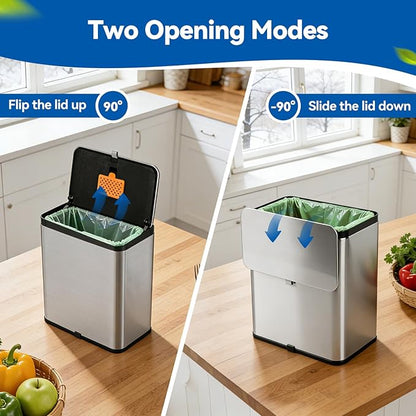 Compost Bin Kitchen, 2.1 Gallon Stainless Steel Trash Can with Lid for Countertop or Under Sink, Hanging Small Trash Bin, Removable Inner Bucket, Built-in Charcoal Filter, 60 Compostable Garbage Bags