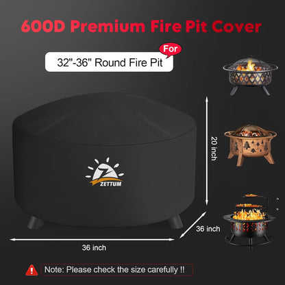 Fire Pit Cover Round 36 Inch - Outdoor Firepit Cover Heavy Duty & Waterproof, 600D Patio Fire Table Cover Gas Fire Pit Accessories Fade & Weather Resistant - 36 x 36 x 20 Inch