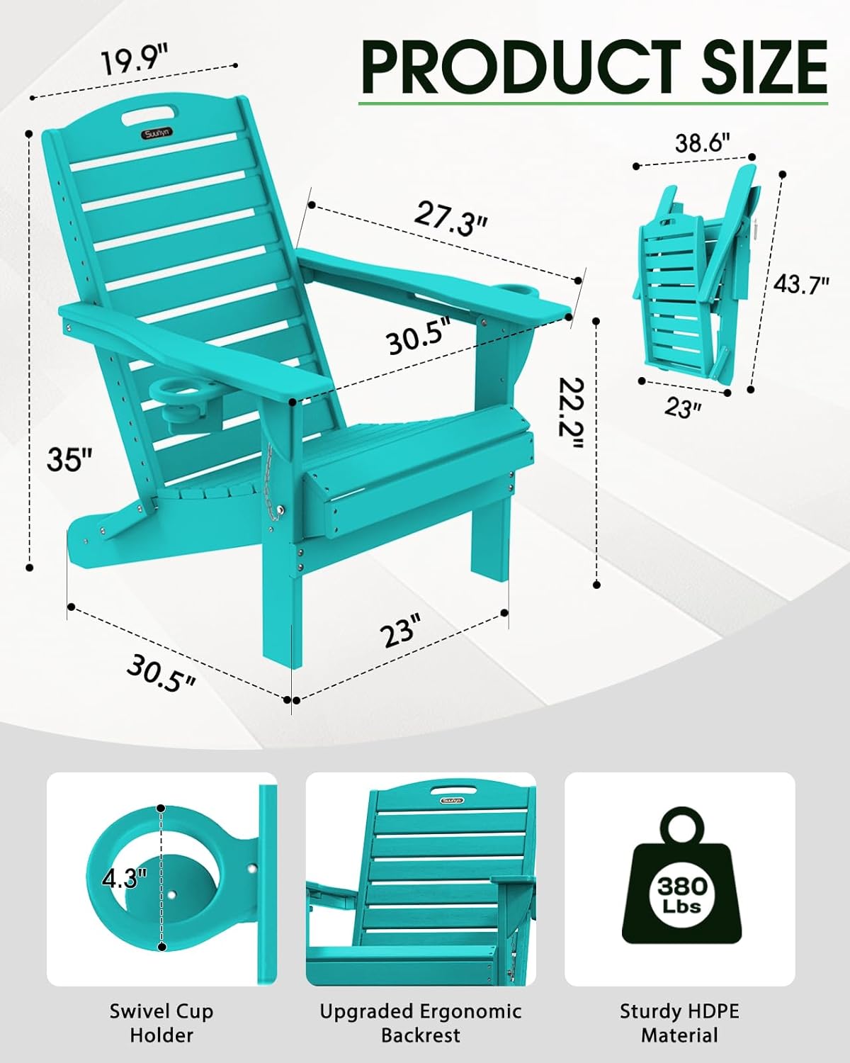 Adirondack Chairs Set of 4, Outdoor Fire Pit Chairs, HDPE All-Weather Adirondack Chairs with Cup Holder, Lawn Chair for Deck, Patio, Garden (Lakeblue)