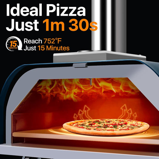 Pizza Oven 13 Inch Outdoor Wood Fired Portable Stainless Steel Pizza Oven with Pizza Stone for Family Outside Cooking Camping Backyard BBQ Pizza Maker Garden Kitchen(Blue-gery 13IN)