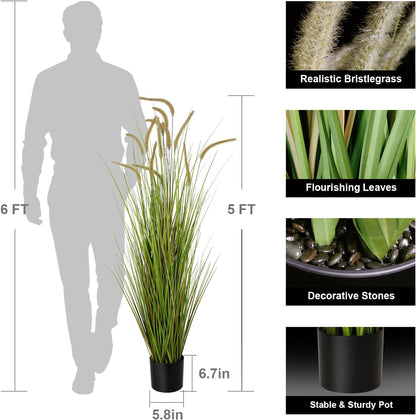 KOL Artificial 5ft 2-Pack Horsetail Reed Grass, 59in Tall Artificial Indoor Outdoor Fake Grass Plant, Home Office Decorative Artificial Plants in Pot Faux Plant Greenery, Wedding Decor Grass