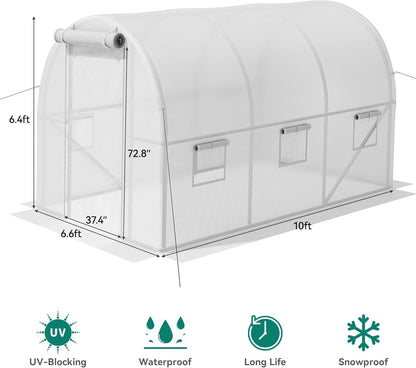 YITAHOME 10x6.5x6.5ft Greenhouses Large Walk-in Green House Heavy Duty Tunnel Green Houses Outdoor Portable Plant Gardening Upgraded Galvanized Steel Frame Zipper Doors 5 Crossbars Garden, White