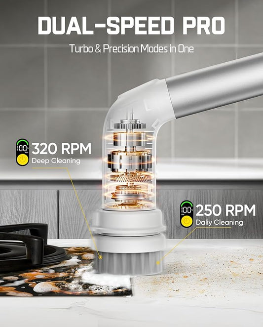 Fanttik G9 Handy Cordless Electric Spin Scrubber, MagnaStorm Motor, Dual-Speed, 5 Brush Heads, LED Display, IPX7 Waterproof, 2500mAh with Type-C Charging, for Kitchen, Sink, Tile, Stove- White