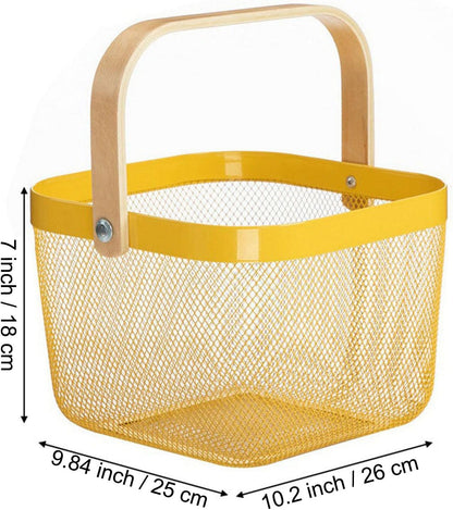 Metal Mesh Steel Basket, Storage Organizer Basket Multi-functional Hanging Kitchen Baskets Fruit Baskets with Wooden Handle for Kitchen Bathroom Picnic Shopping Decor Cabinet Home, Yellow
