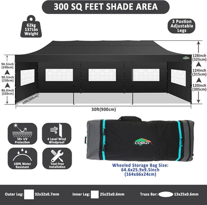 COBIZI 10x30 Pop Up Canopy with 8 Sidewall,Heavy Duty UPF 50+ All Season Wind Waterproof Commercial Outdoor Wedding Party Tents for Parties Canopy Gazebo with Roller Bag(10 x 30 ft Black)