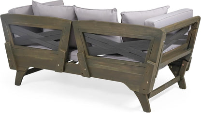 Outdoor Adjustable Patio Wooden Serene Daybed Sofa Chaise Lounge with Cushions for Small Places, Sleeper Chair with Armrest for Backyard, Poolside (Grey)