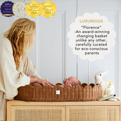 BEBE BASK Premium Baby Changing Basket - Artisan-Crafted Scalloped Rattan - Changing Basket for Baby Dresser - All Accessories Included - Complete Set for Nursery (Mocca)