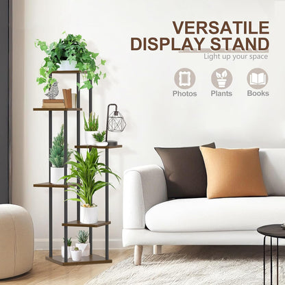 6 Tier Plant Stand Indoor, Tall Metal Wood Muti-Level Planter Shelf Holder, Sturdy Large Vertical Corner Orchid Flower Pot Display Rack for Narrow House Decor Office Living Room Bedroom, Oak