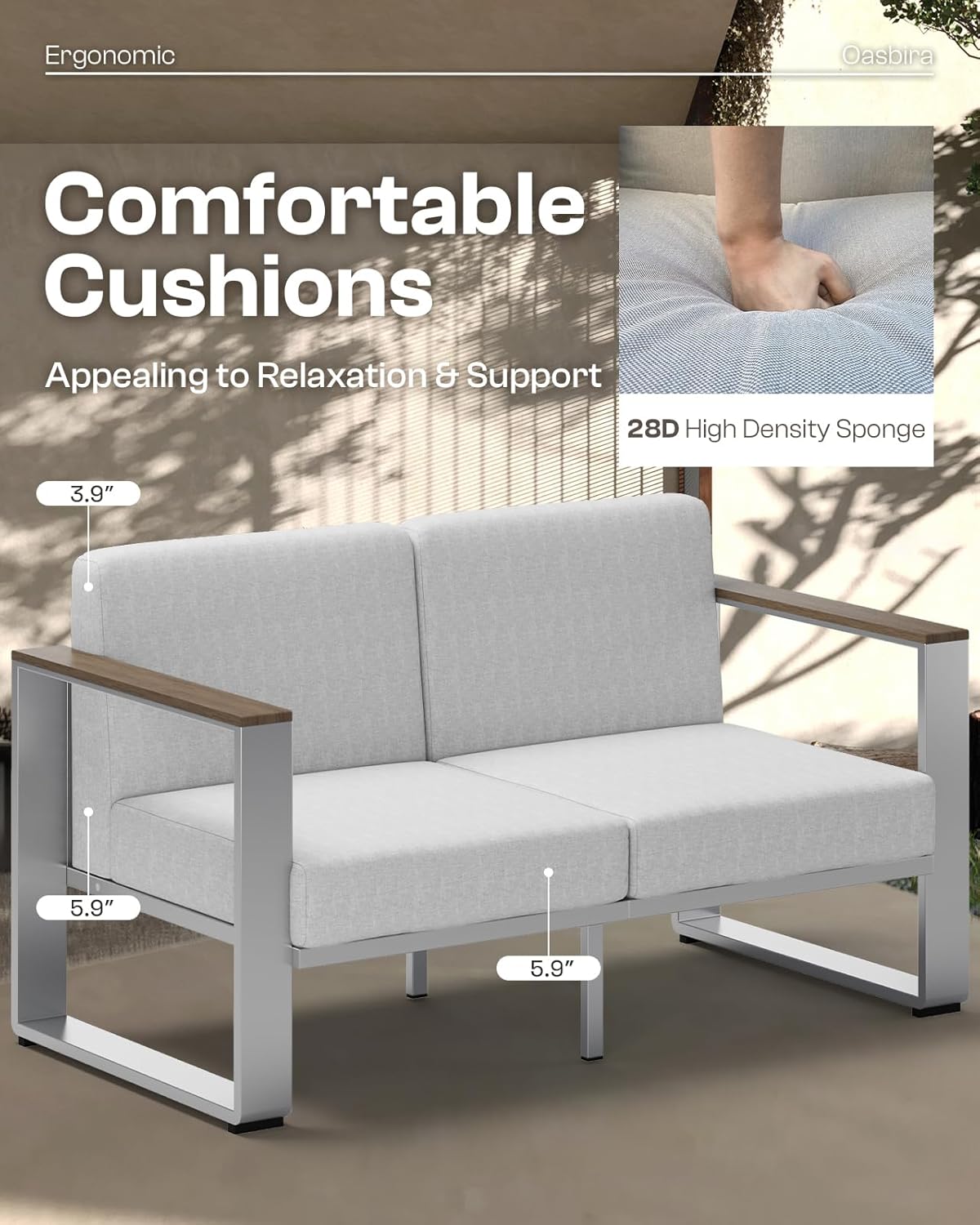 Outdoor Furniture Set, 5 Piece Aluminum Patio Furniture Set with Coffee Table, Wide Seat and Thick Cushions, Outdoor Patio Conversation Sets for Deck, Porch (LightGray)