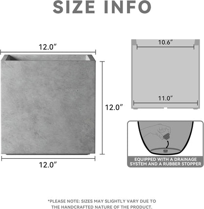 Kante 12 Inch Square Concrete Planter for Outdoor Indoor Home Patio Garden, Large Plant Pot with Drainage Hole and Rubber Plug, Natural Concrete