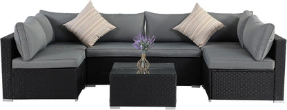 7-Piece Patio Furniture Set - Outdoor Sectional Sofa Set with Cushions and Glass-Top Coffee Table for Gardens, Poolside, Backyards and Porches, Black/Grey