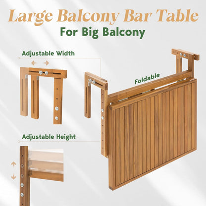 Idzo FSC Acacia Wood Folding Balcony Bar Table for Railings, Adjustable Height & Width, Teak Brush Finish Durable Against Weather, Ideal Spacious Dimension of 27 9/16 x 21 5/8 Inch, Rectangular Design