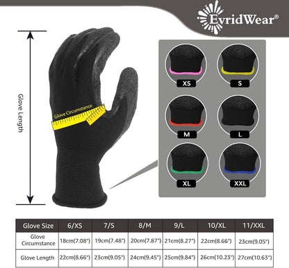 Evridwear Crinkle Latex Rubber Hand Coated Safety Work Gloves for Men Women General Multi Use Construction Warehouse Gardening Assembly Landscaping (XXL-Size) 12 Pairs Pack