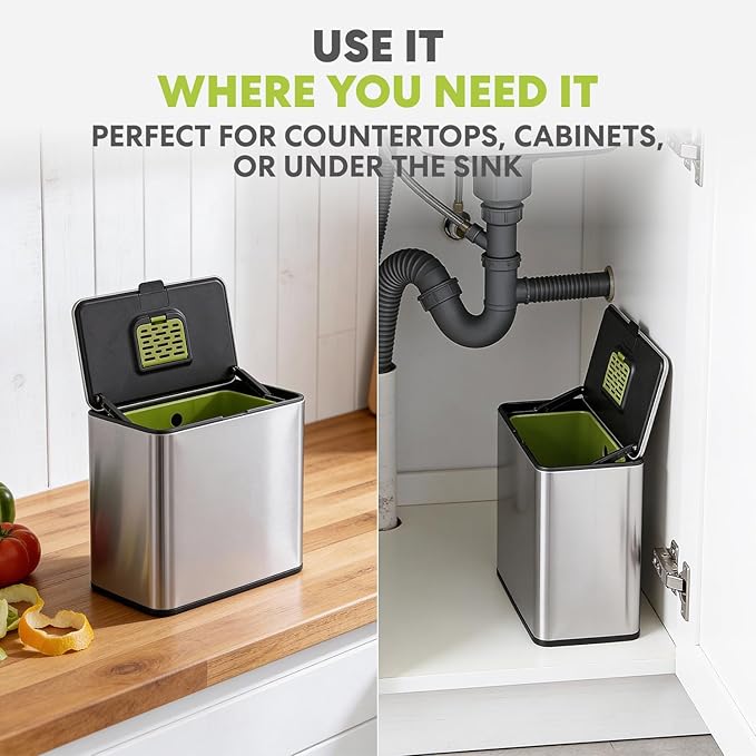 Simpli-Magic Kitchen Compost Bin and Caddy, 5L / 1.32 Gal Stainless Steel with Removable Inner Bucket and Deodorizer Compartment, 2-in-1 Countertop Compost Bin with Lid, Kitchen Food Waste, 79705