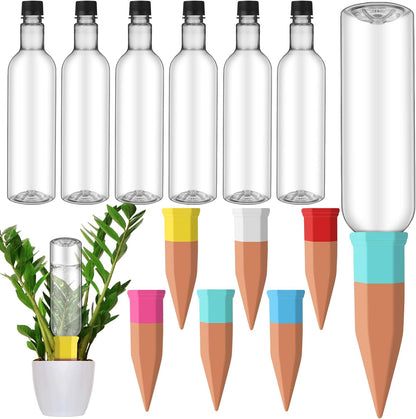 6 Sets Plant Watering Devices Include Terracotta Self Watering Spikes and 26 oz Plastic Bottles, Slow Release Vacation Insert Automatic Plant Waterer Device (Clear and Mixed Color)