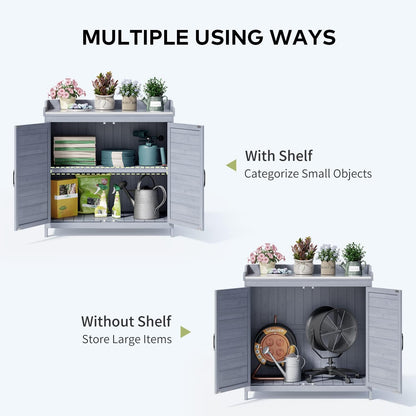 Gizoon Outdoor Potting Bench with Metal Tabletop, Outdoor Garden Patio Wooden Storage Cabinet with Adjustable Shelf, Double Doors Garden Work Bench for Backyard, Patio, Lawn - Grey