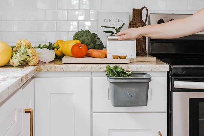 Full Circle Scrap Happy, Food Scrap Collector and Freezer Compost Bin - Hanging Kitchen Countertop Bin for Fruit and Vegetable Waste, Fits in Freezers, Slate