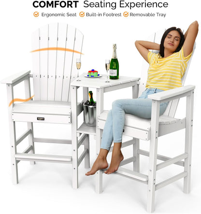 VINGLI Tall Adirondack Chairs Set of 2, HDPE Balcony Chair with Double Connecting Tray Weather Resistant Outdoor Bar Stools for Patio Deck Lawn Pool Backyard (White)