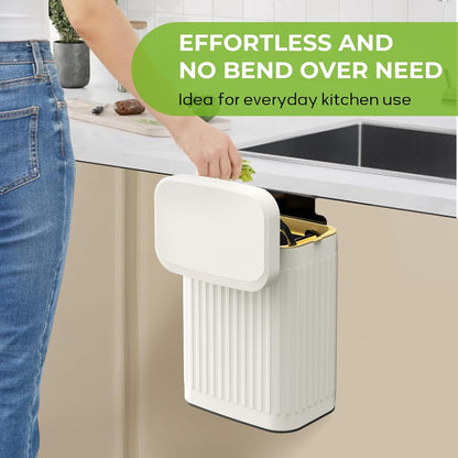 Kitchen Compost Bin Hanging Trash Can with Lid, 2.1 Gallon Stainless Steel Trash Can Compost Bin, Wall-Mount Indoor Kitchen Trash Bin for Cabinet, Under Sink, Bathroom (2.1 Gallon, 8L Ivory White)