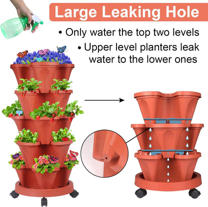 DUNCHATY Stackable Planter, Vertical Strawberry Planter with Garen Tool Set, Self Watering Garden Planter Indoor/Outdoor 5 Tier Herb Planter Pots for Growing Vegetables and Succulents, Clay Red