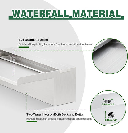 Waterfall Pool Fountain, LONGRUNNEW Stainless Steel Waterfall Spillway with Pipe Connector Kits for Outdoor/Indoor Decorative, 23.6 Inches Pool Water Feature for Garden Patio, Backyard Koi Pond Decor