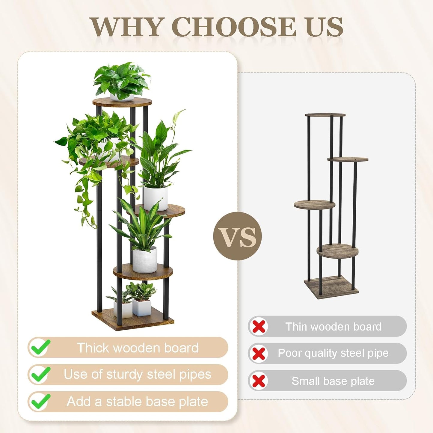 5 Tier Plant Stand Indoor, Metal Wooden Tall Plant Shelf Flower Pot Stand for Multiple Plants, Corner Flower Holder Plant Display Rack for Living Room Balcony Patio Garden (Rustic Brown)