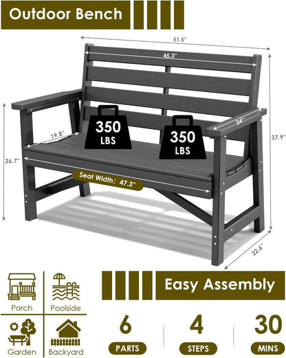 GREENVINES Outdoor Bench | 51.5’’ | HDPE | Garden Benches | Weatherproof | for Outdoors Patio Park Porch Outside Backyard | 2-Person | Black