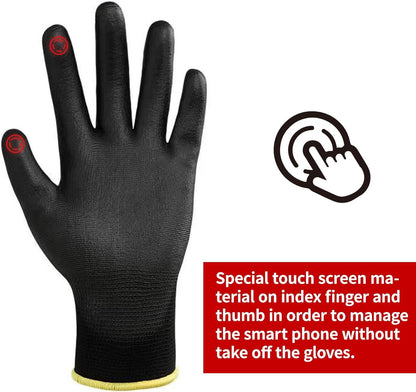 DULFINE Safety Work Gloves PU Coated for Men and Women-12 Pairs,Black Seamless Knit Glove with Two Fingers Touchscreen,Ideal for General Duty Work (Large)