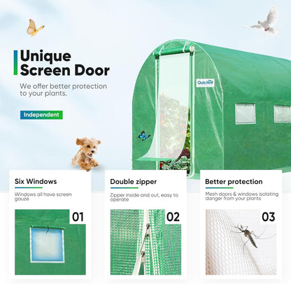 Quictent Premium Greenhouse for Outdoors, 10x6.6x6.6FT Upgraded Portable Walk-in Heavy Duty Frame Large Garden Plant Hot Outside Hoop House, 6 Ventilated Screen Window and Zipper Screen Door, Green
