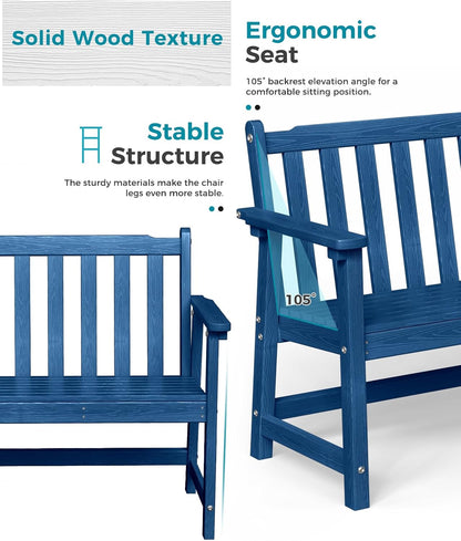Outdoor Bench, 2-Person HDPE Garden Bench, All Weather Poly Patio Bench for Outdoors, Garden, Backyard, Porch and Park, 550 lbs Weight Capacity, Navy Blue, 2 Pack