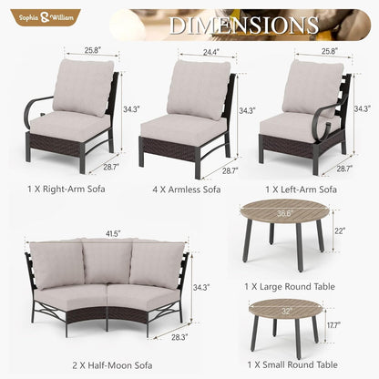 Sophia & William Half-Moon Patio Furniture Set, Curved Outdoor Sofa for 6 with Coffee Table, Rattan Sectional Sofa Outdoor Conversation Sets,Beige
