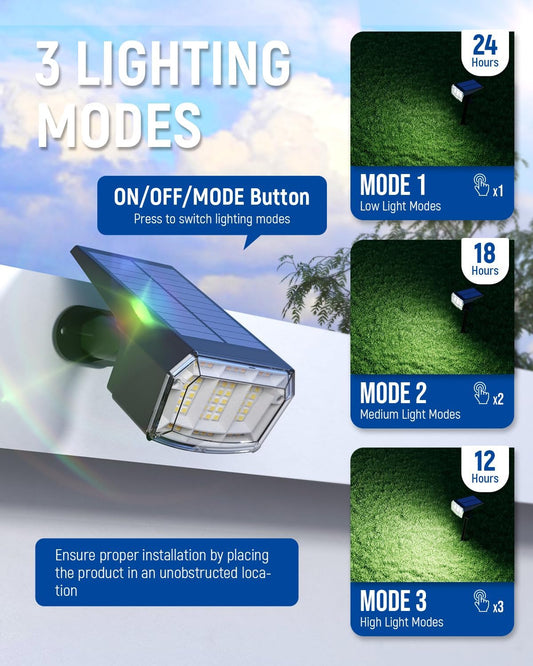 Solar Spot Lights Outdoor Waterproof 2 Pack IP65, 63 LED 3 Lighting Modes Spotlights for Yard Garden House Garage Pathway