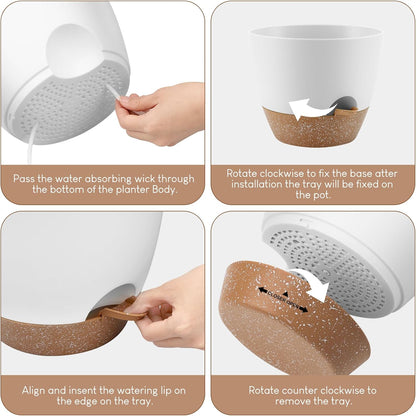 Plant Pots 10/9/8/7.5/7 inch, Self Watering Planters with Drainage Holes & Saucers for Indoor and Outdoor Plants (White)