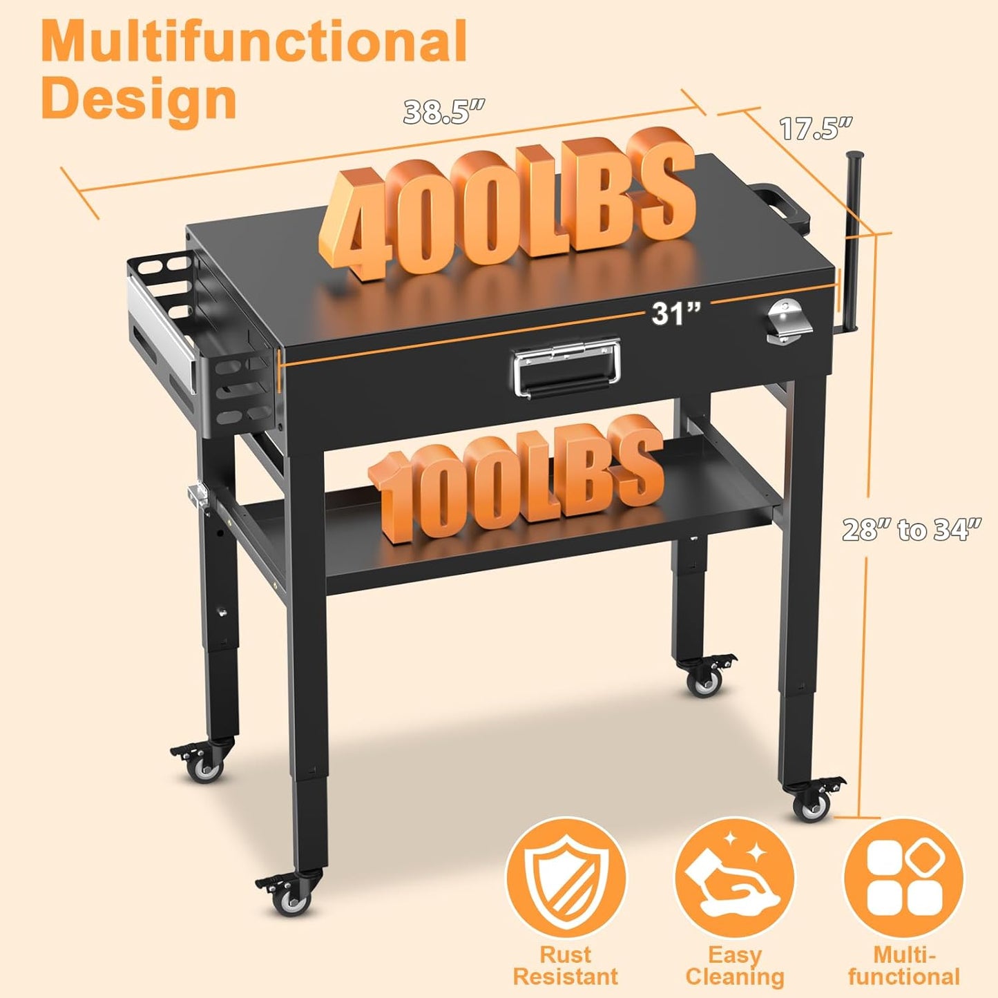 28" and 34" Upgrade Height & Quick-Fold Portable Grill Cart for Ninja Woodfire (OG700 Series), MO201 OO101 Pizza Oven, Blackstone 17"/22" Griddle – Outdoor Ninja Grill Stand with 4 Swivel Wheels