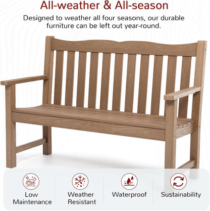 Outdoor Benches Set of 2, 2-Person Poly Lumber Garden Bench, Never Rot or Fade, Looks Like Real Wood, Teak