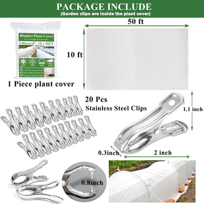 Plant Covers Freeze Protection 10 x 50Ft with 20 Stainless Steel Clip- Frost Cloth Plant Blankets Garden Fabric Freeze Cover for Outdoor Plant Raised Bed Greenhouse Winter Frost Sun Protection