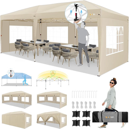 HOTEEL 10x20 Pop up Canopy with 6 Sidewalls, One Push Instant Setup Outdoor Canopy Tent with Reinforce Rod, Weight Bag, for Parties, Events, Khaki