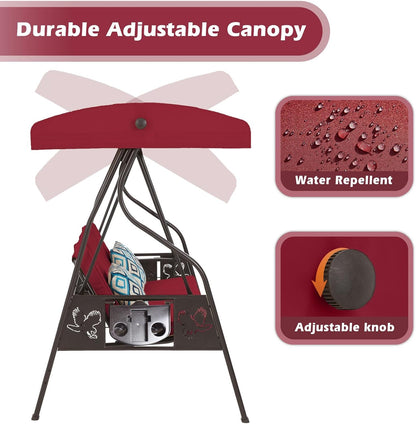3-Seat Outdoor Porch Swing with Stand, Patio Swing with Canopy, 2 in 1 Porch Swing Bed & Patio Swing Chair for Adult w/Extra Pillows and Cup Holder for Yard (Wine Red)