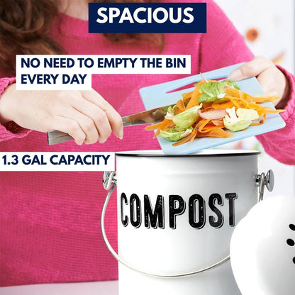 Granrosi Countertop Compost Bin Kitchen - 1.3 Gal Indoor Compost Bucket with Lid for Kitchen; Farmhouse Rust Proof & Odorless Composter Bin for Countertop; 3 Charcoal Filters
