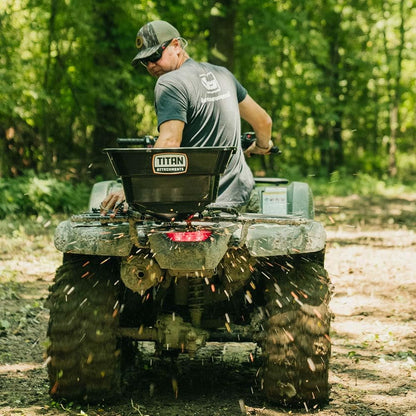 Titan Attachments 12 Volt ATV/UTV Broadcast Spreader, 80 LB Capacity, Back or Front Mounting for ATV, UTV, Or Utility Tractor, Lawn and Garden Seed Spreader with Rain Cover