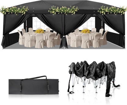 Outvita 10x20ft Pop Up Canopy Tent, Outdoor Instant Shelter Folding Canopy with 6 Side Walls and Carry Bag for Commercial Events, Party, Backyard BBQ, Camping Black