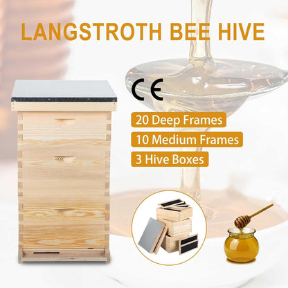 CREWORKS Bee Hive Boxes Starter Kit, 3 Layer Bee House with 10 Medium and 20 Deep Frames & Foundations, Langstroth Beehive for Bee Keeping, Beekeeping Supplies with Plastic Queen Excluder and Nails
