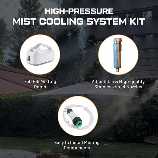 High Pressure Patio Misting System, 750 PSI Piston Pump with Remote Control, 12 Ultra-Fine 0.006" Nozzles, DIY Mister Kit for Backyard, Outdoor Dining & Lounge Cooling