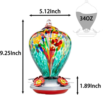 Muse Garden Hummingbird Feeders for Outdoors Hanging, Blown Glass Hummingbird Feeder, Gifts for Mom, Garden Decor for Outside, Unique Gifts Idea for Women, 34 Ounces, Turquoise Fireworks