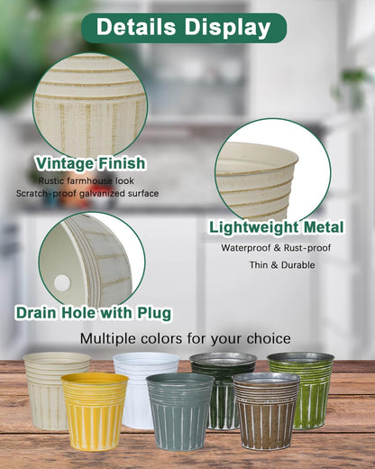 vensovo 6 Inch Dark Green Metal Rustic Flower Pots - 6Pcs Medium Galvanized Planters with Drainage Hole and Rubber Plug, Rustproof Metal Bucket Plant Pots Farmhouse Vintage Style for Decor